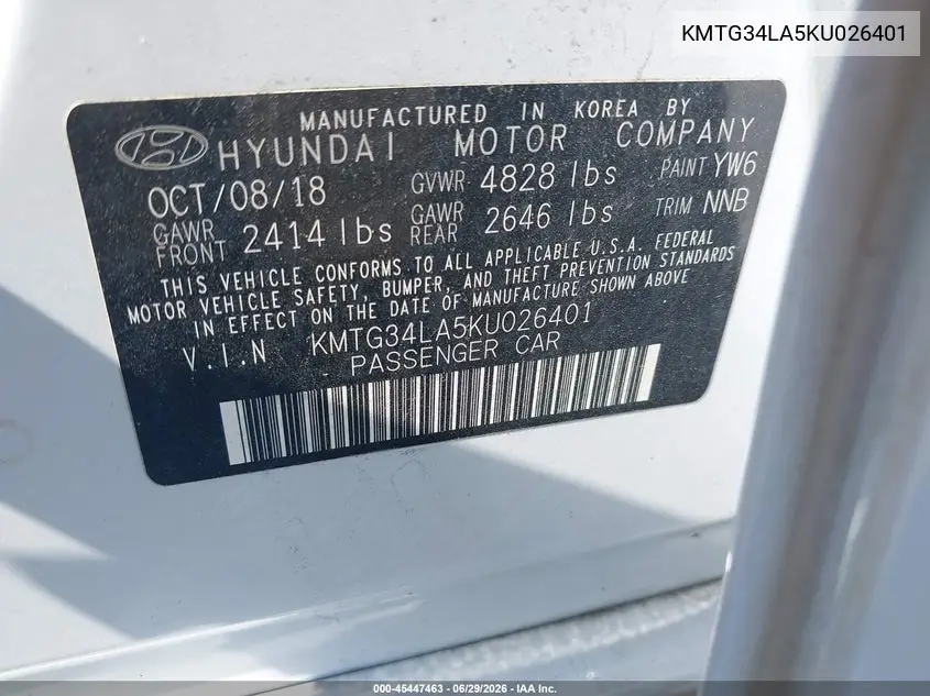 2019 Genesis G70 2.0T Advanced VIN: KMTG34LA5KU026401 Lot: 45447463