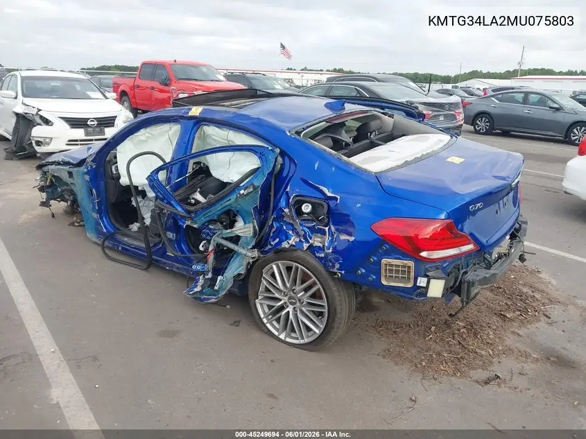 2021 Genesis G70 2.0T Rwd VIN: KMTG34LA2MU075803 Lot: 45249694