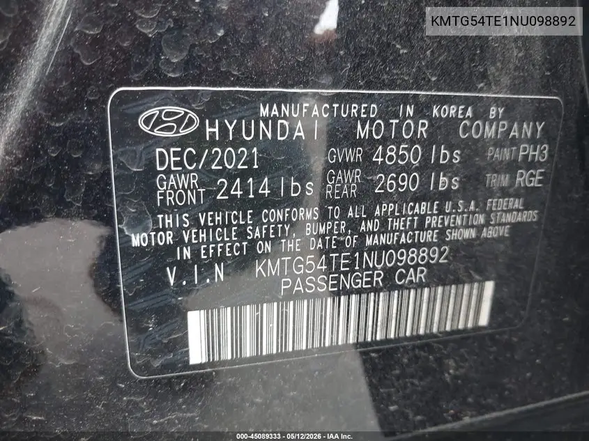 2022 Genesis G70 3.3T Rwd VIN: KMTG54TE1NU098892 Lot: 45089333