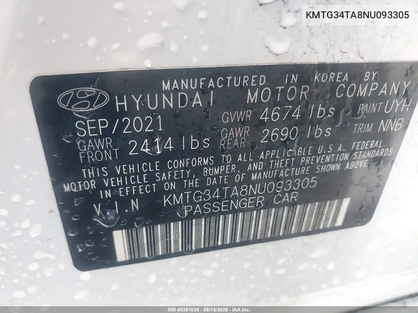 2022 Genesis G70 2.0T Rwd VIN: KMTG34TA8NU093305 Lot: 45381038