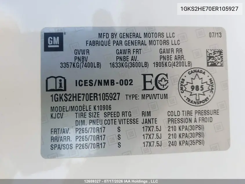 2014 GMC Yukon Xl K1500 Sle VIN: 1GKS2HE70ER105927 Lot: 12659327