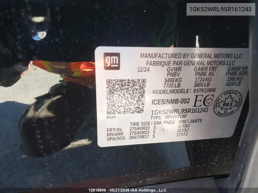 2025 GMC Yukon Xl VIN: 1GKS2WRL9SR161243 Lot: 12619806