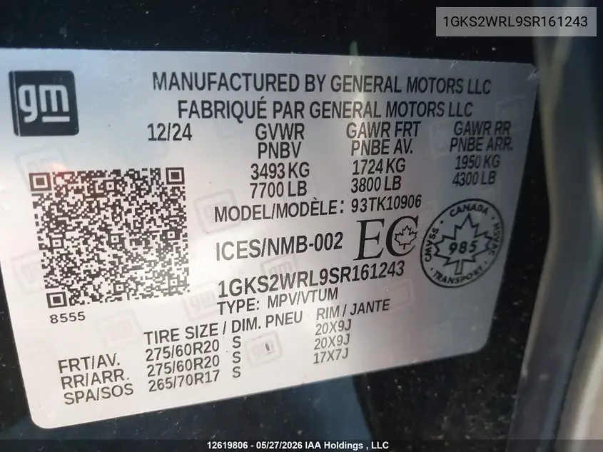 2025 GMC Yukon Xl VIN: 1GKS2WRL9SR161243 Lot: 12619806