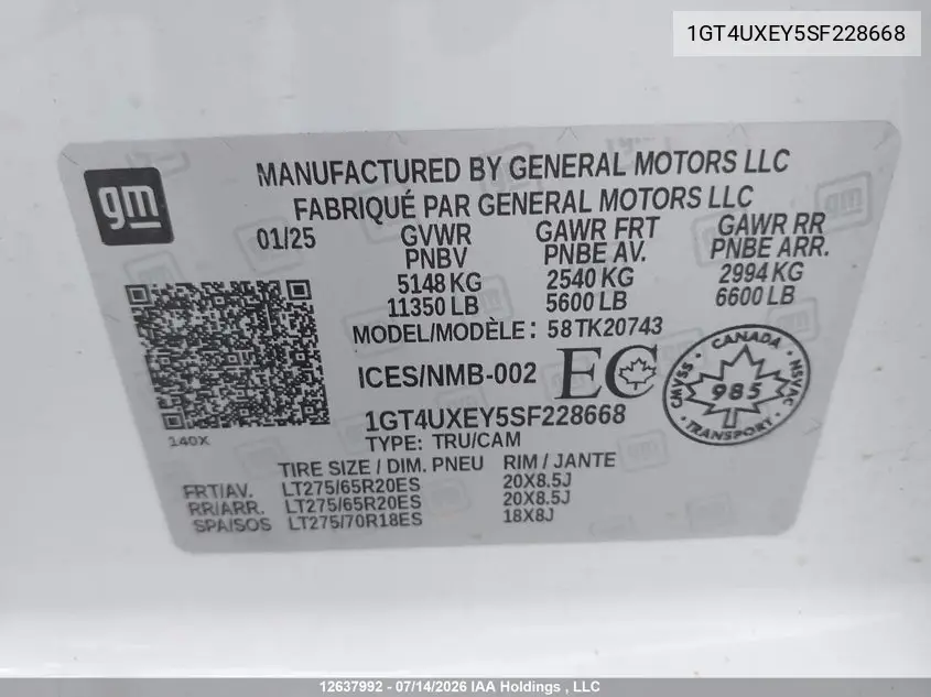 2025 GMC Sierra 2500Hd , Standard Bed, Denali Ultimate, 4Wd VIN: 1GT4UXEY5SF228668 Lot: 12637992