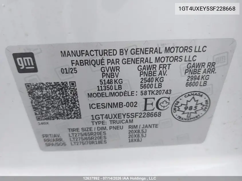2025 GMC Sierra 2500Hd , Standard Bed, Denali Ultimate, 4Wd VIN: 1GT4UXEY5SF228668 Lot: 12637992
