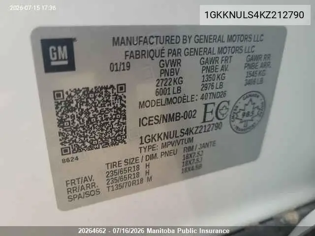 2019 GMC Acadia Slt VIN: 1GKKNULS4KZ212790 Lot: 20264662