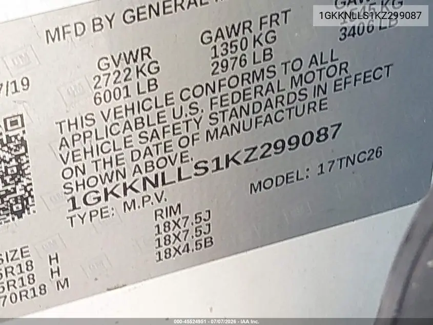 2019 GMC Acadia Sle-2 VIN: 1GKKNLLS1KZ299087 Lot: 45524951