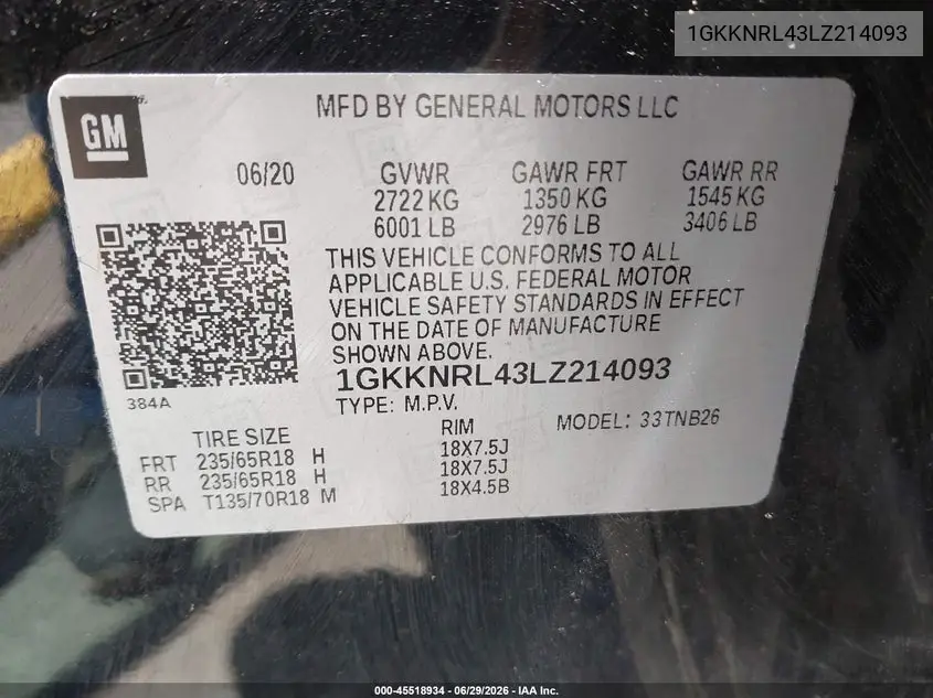 2020 GMC Acadia Fwd Sle VIN: 1GKKNRL43LZ214093 Lot: 45518934