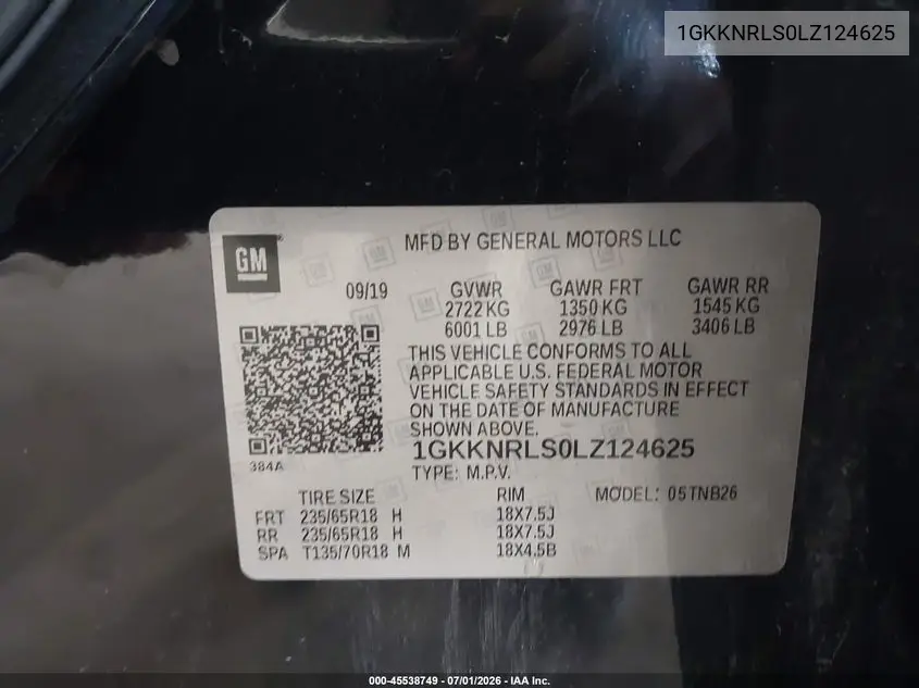 2020 GMC Acadia Fwd Sle VIN: 1GKKNRLS0LZ124625 Lot: 45538749