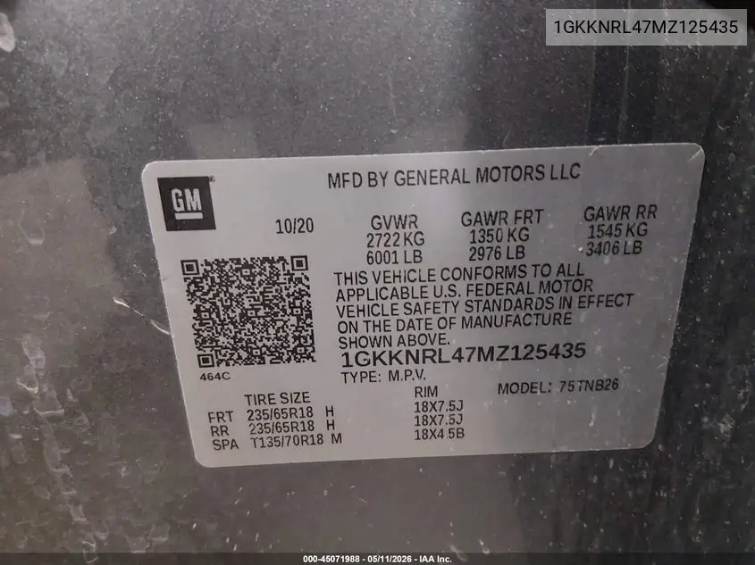 2021 GMC Acadia Awd Sle VIN: 1GKKNRL47MZ125435 Lot: 45071988