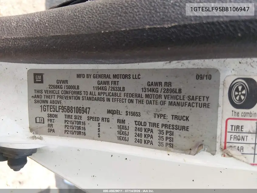 2011 GMC Canyon Work Truck VIN: 1GTE5LF95B8106947 Lot: 45629011