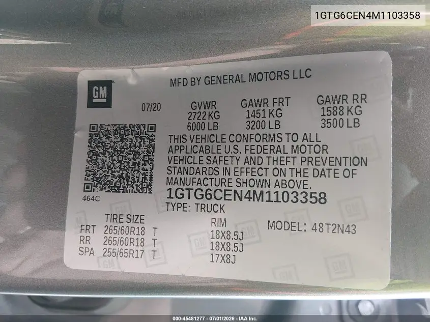 2021 GMC Canyon 4Wd Short Box Elevation VIN: 1GTG6CEN4M1103358 Lot: 45481277
