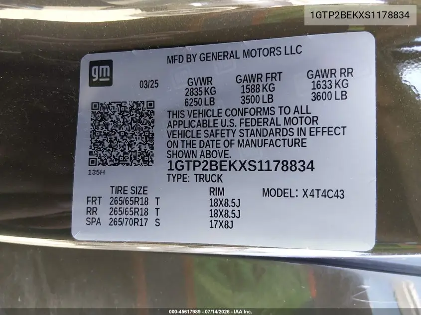 2025 GMC Canyon 4Wd Elevation VIN: 1GTP2BEKXS1178834 Lot: 45617989
