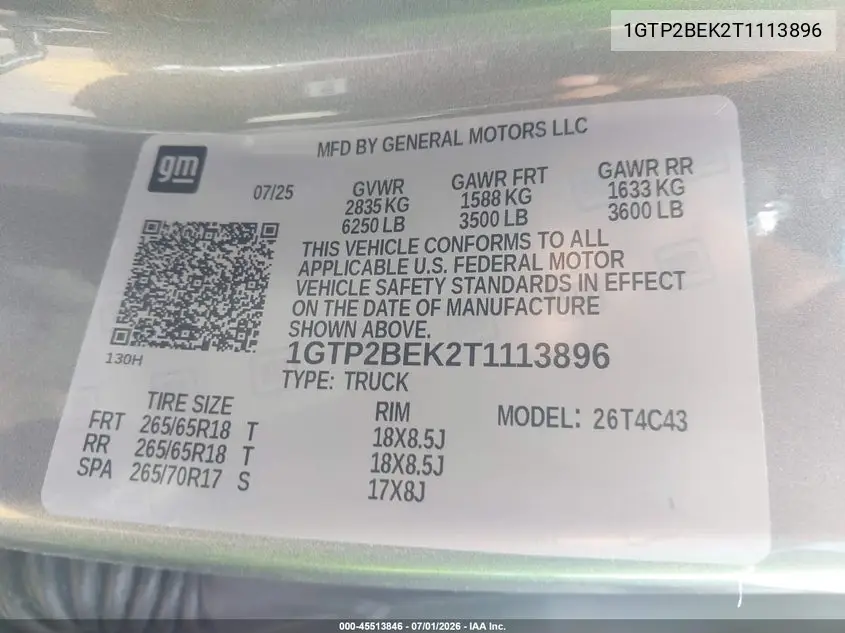 2026 GMC Canyon Elevation, 4Wd VIN: 1GTP2BEK2T1113896 Lot: 45513846