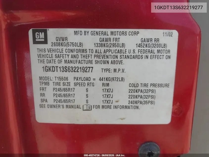 2003 GMC Envoy Slt VIN: 1GKDT13S632219277 Lot: 45274726