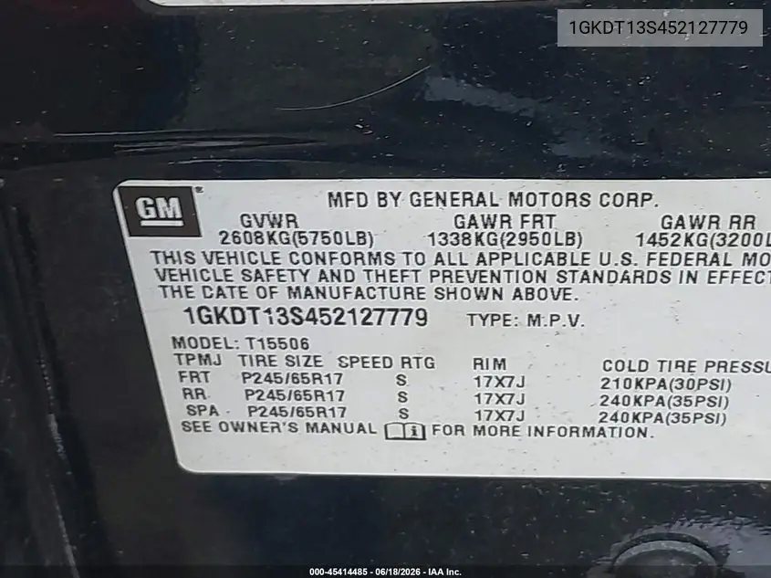 2005 GMC Envoy Sle VIN: 1GKDT13S452127779 Lot: 45414485