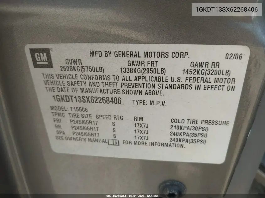 2006 GMC Envoy Slt VIN: 1GKDT13SX62268406 Lot: 45256354