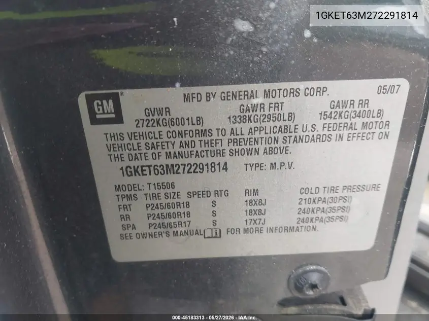 2007 GMC Envoy Denali VIN: 1GKET63M272291814 Lot: 45183313
