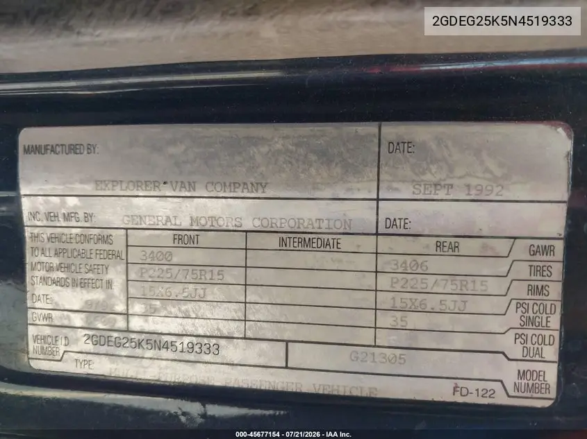 1992 GMC Rally Wagon / Van G2500 VIN: 2GDEG25K5N4519333 Lot: 45677154
