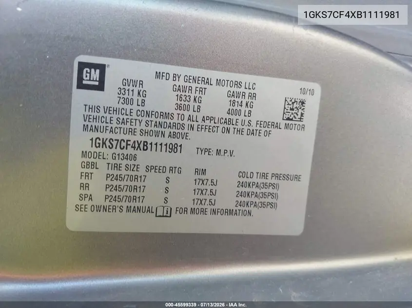 2011 GMC Savana 1500 Lt VIN: 1GKS7CF4XB1111981 Lot: 45599339