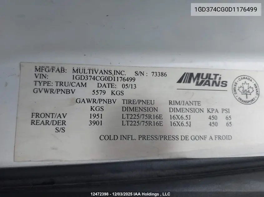 2013 GMC Savana Cutaway Standard VIN: 1GD374CG0D1176499 Lot: 12472398