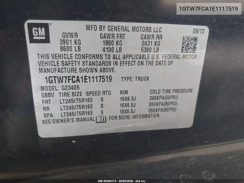 2014 GMC Savana 2500 Work Van VIN: 1GTW7FCA1E1117519 Lot: 45300172
