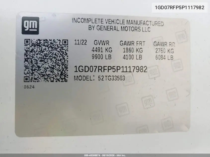 2023 GMC Savana Cutaway Work Van VIN: 1GD07RFP5P1117982 Lot: 45386974
