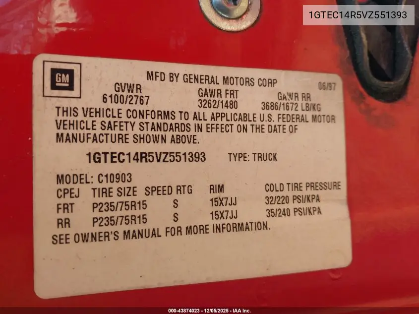 1GTEC14R5VZ551393 1997 GMC Sierra 1500 Sl Wideside