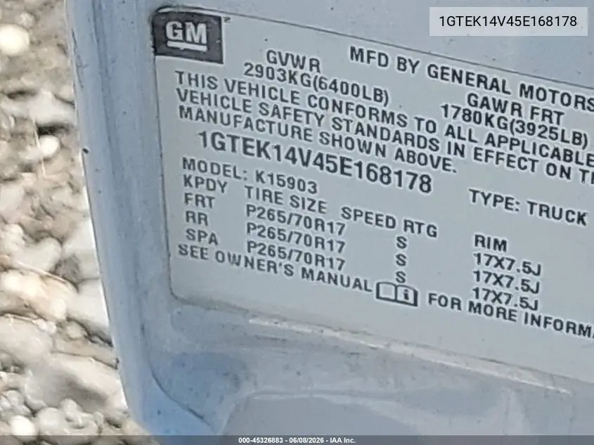 2005 GMC Sierra 1500 Work Truck VIN: 1GTEK14V45E168178 Lot: 45326883