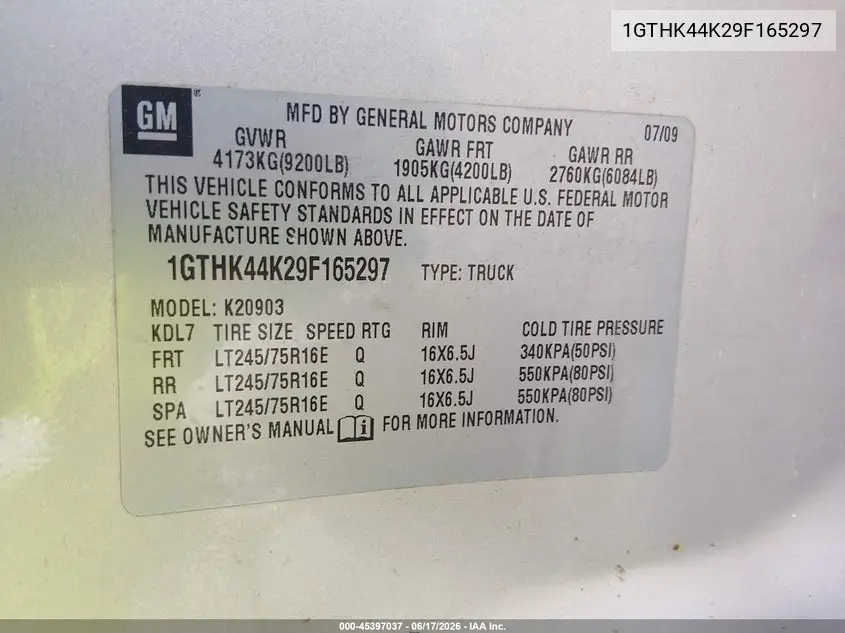 2009 GMC Sierra 2500Hd Work Truck VIN: 1GTHK44K29F165297 Lot: 45397037