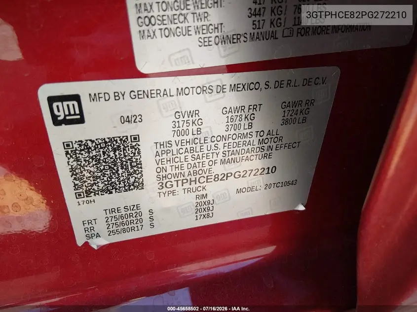 2023 GMC Sierra 1500 2Wd Short Box Elevation VIN: 3GTPHCE82PG272210 Lot: 45658502