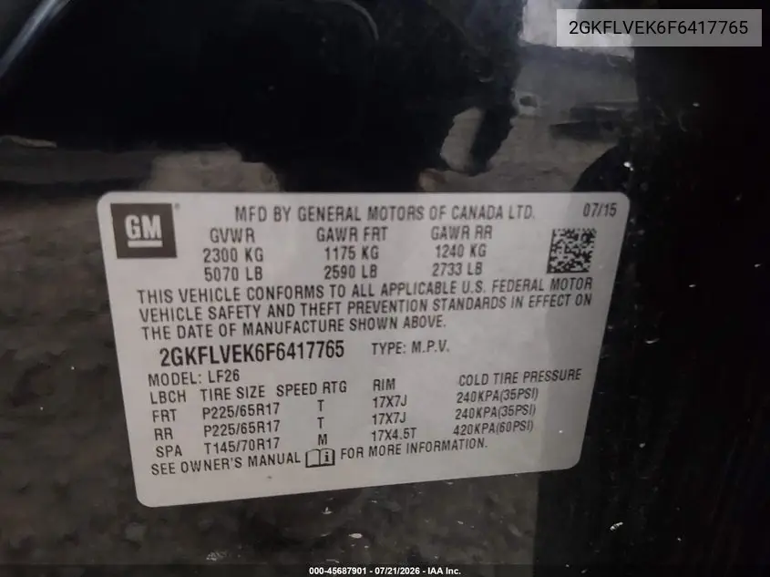 2015 GMC Terrain Sle-1 VIN: 2GKFLVEK6F6417765 Lot: 45687901