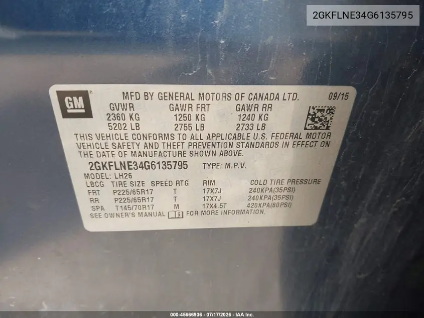 2016 GMC Terrain Sle-2 VIN: 2GKFLNE34G6135795 Lot: 45666936
