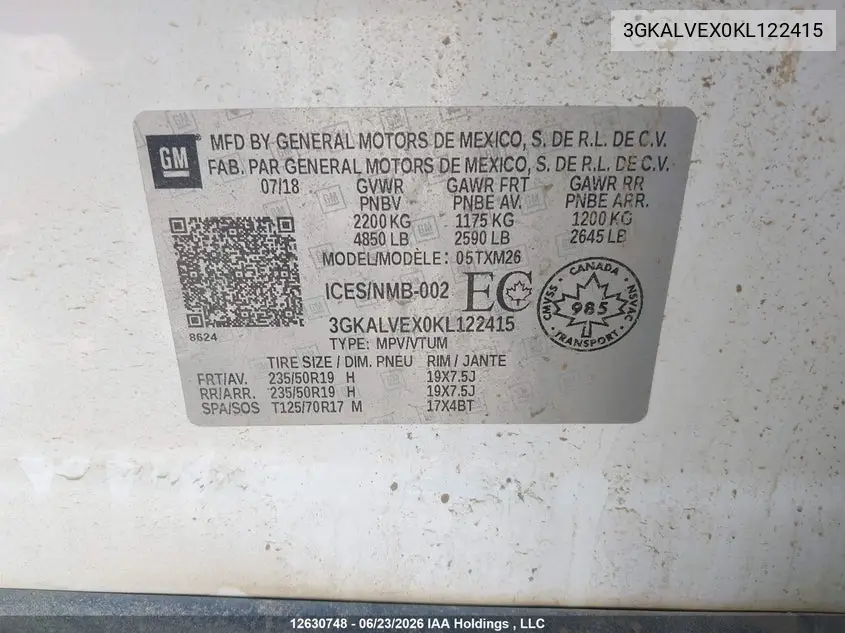 2019 GMC Terrain Slt VIN: 3GKALVEX0KL122415 Lot: 12630748