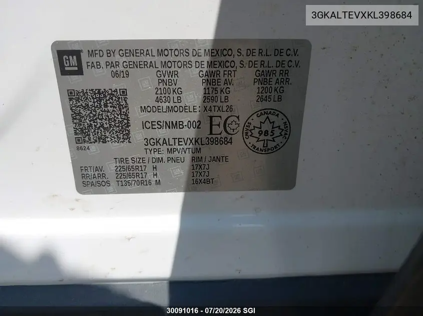 2019 GMC Terrain Sle VIN: 3GKALTEVXKL398684 Lot: 30091016