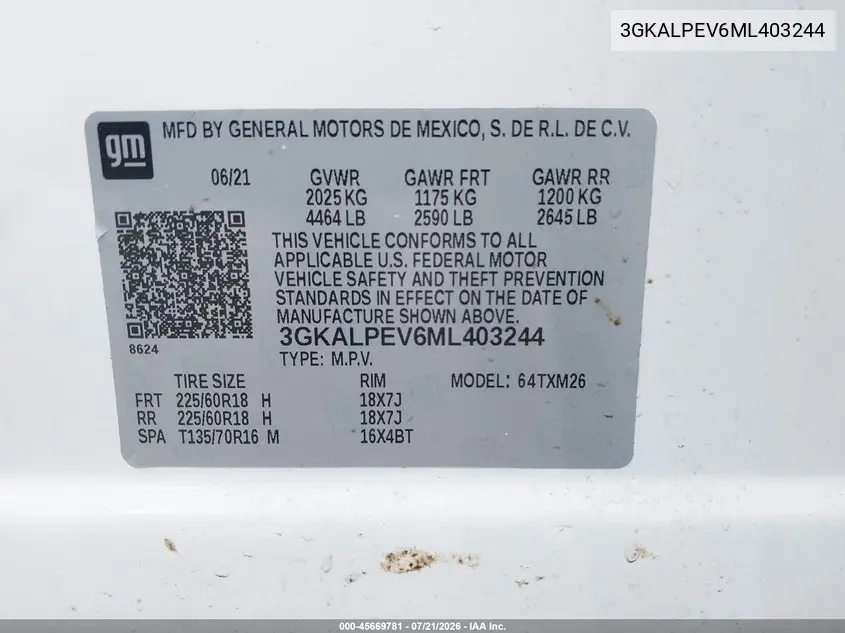 2021 GMC Terrain Fwd Slt VIN: 3GKALPEV6ML403244 Lot: 45669781