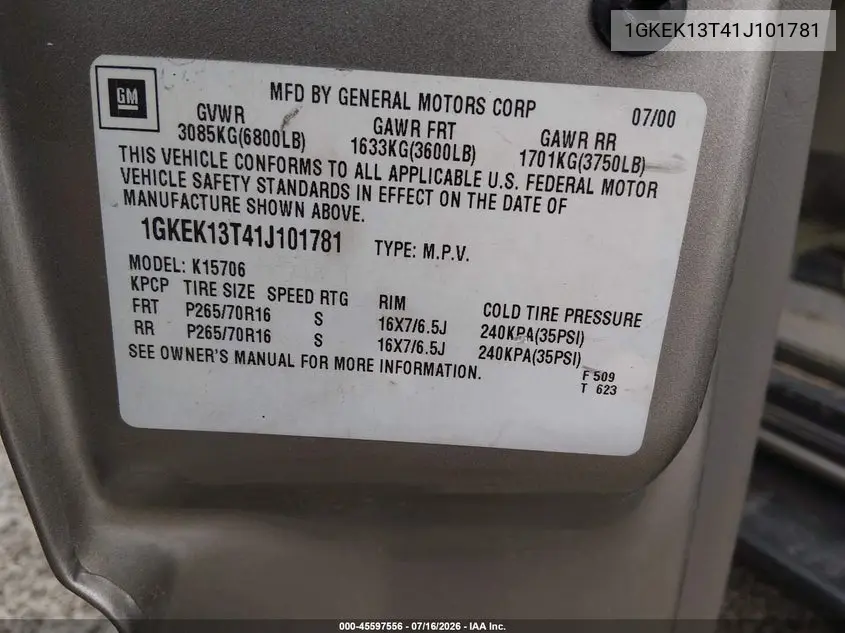 2001 GMC Yukon Slt VIN: 1GKEK13T41J101781 Lot: 45597556