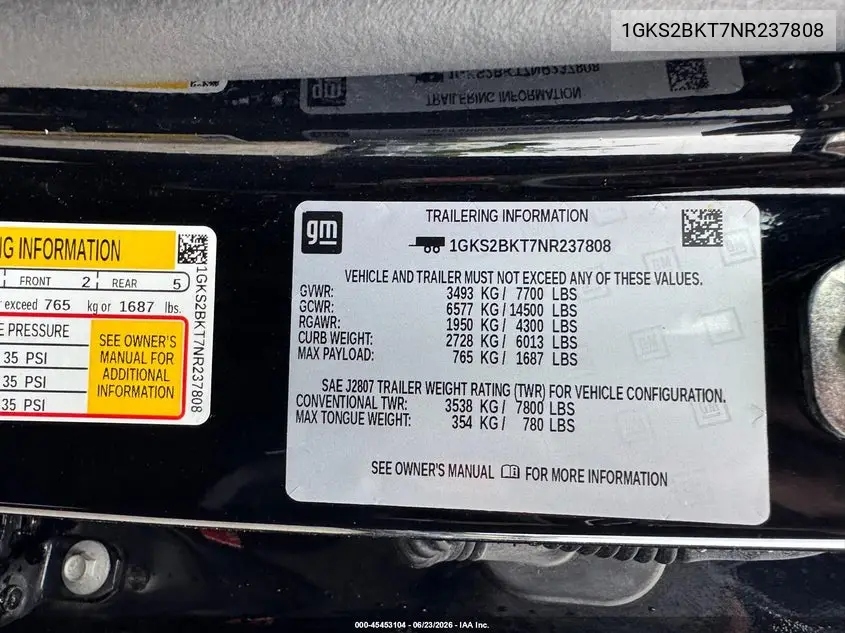 2022 GMC Yukon 4Wd Slt VIN: 1GKS2BKT7NR237808 Lot: 45453104