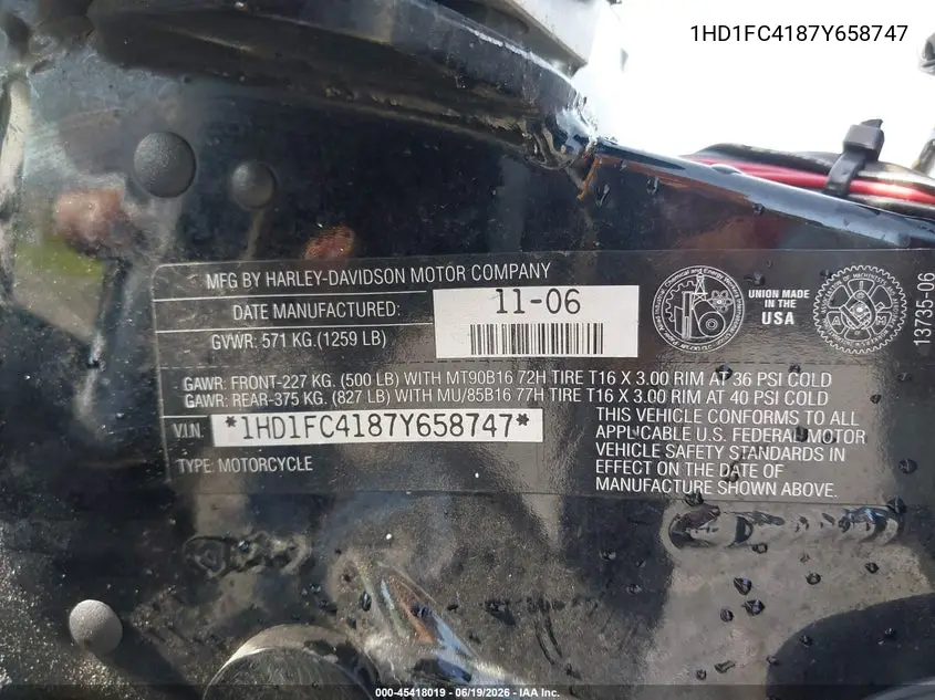 2007 Harley-Davidson Flhtcui VIN: 1HD1FC4187Y658747 Lot: 45418019