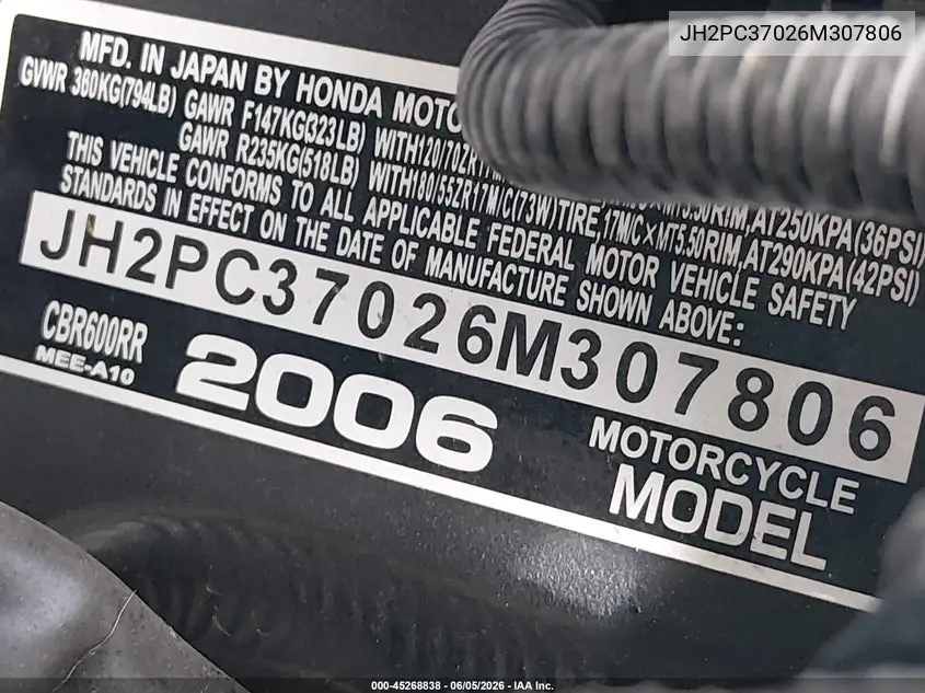 2006 Honda Cbr600 Rr VIN: JH2PC37026M307806 Lot: 45268838