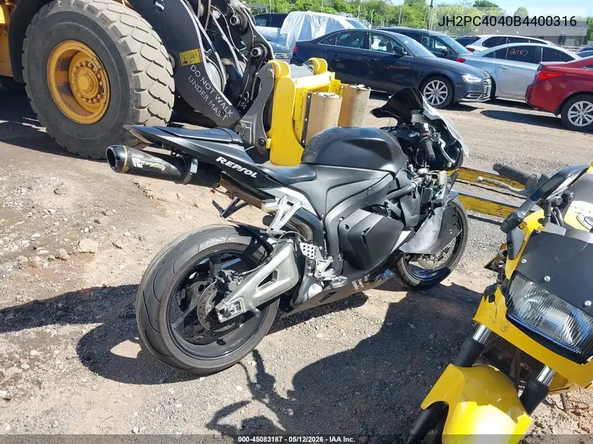 2011 Honda Cbr600 Rr VIN: JH2PC4040BK400316 Lot: 45083187