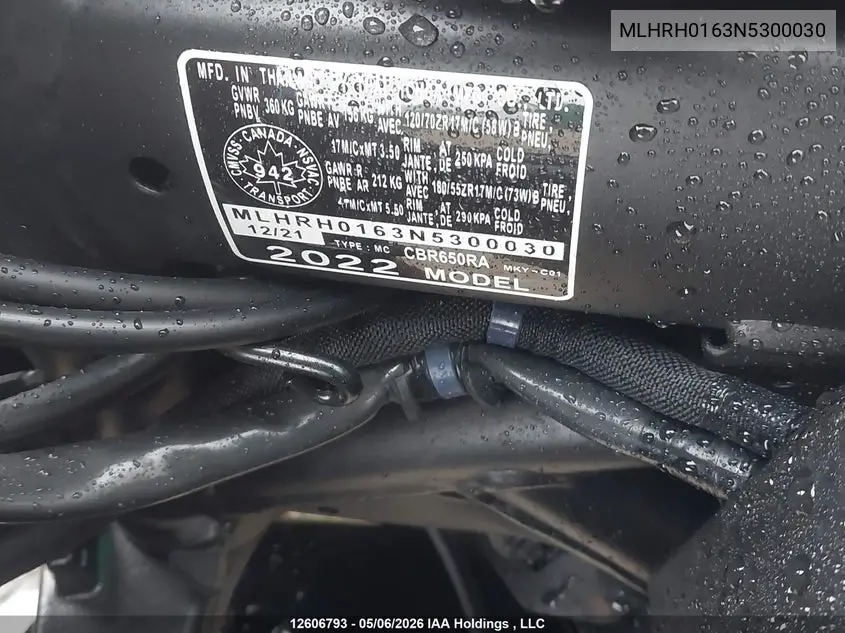 2022 Honda Cbr650 Ra VIN: MLHRH0163N5300030 Lot: 12606793