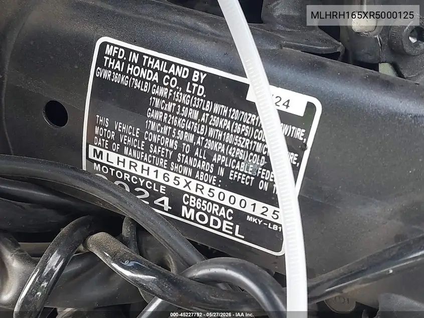 2024 Honda Cb650 R VIN: MLHRH165XR5000125 Lot: 45227792