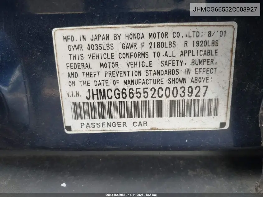 JHMCG66552C003927 2002 Honda Accord 2.3 Lx