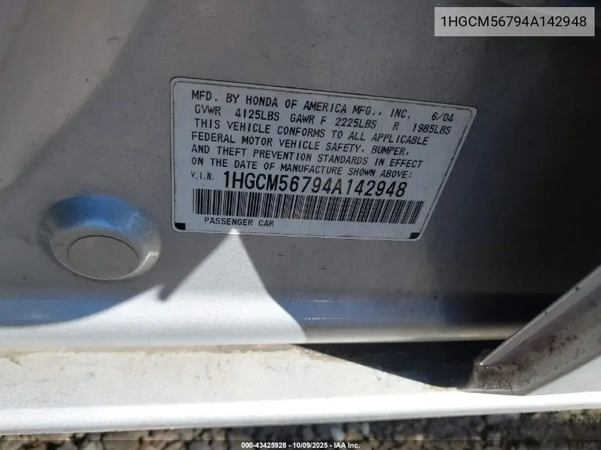 1HGCM56794A142948 2004 Honda Accord 2.4 Ex