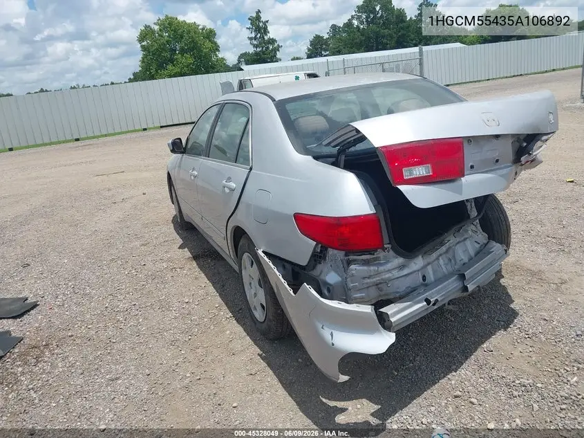 2005 Honda Accord 2.4 Lx VIN: 1HGCM55435A106892 Lot: 45328049