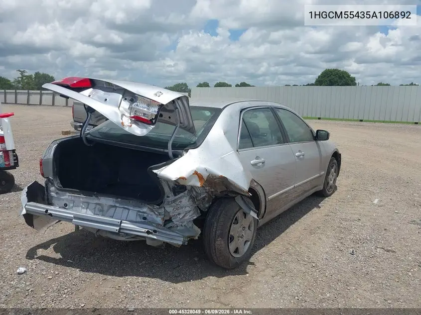 2005 Honda Accord 2.4 Lx VIN: 1HGCM55435A106892 Lot: 45328049