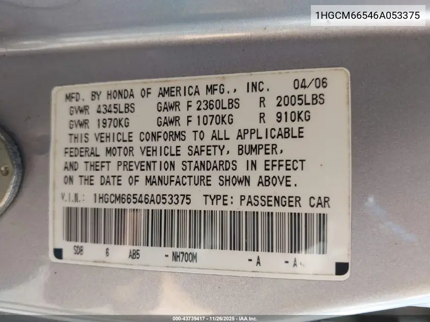 1HGCM66546A053375 2006 Honda Accord 3.0 Ex