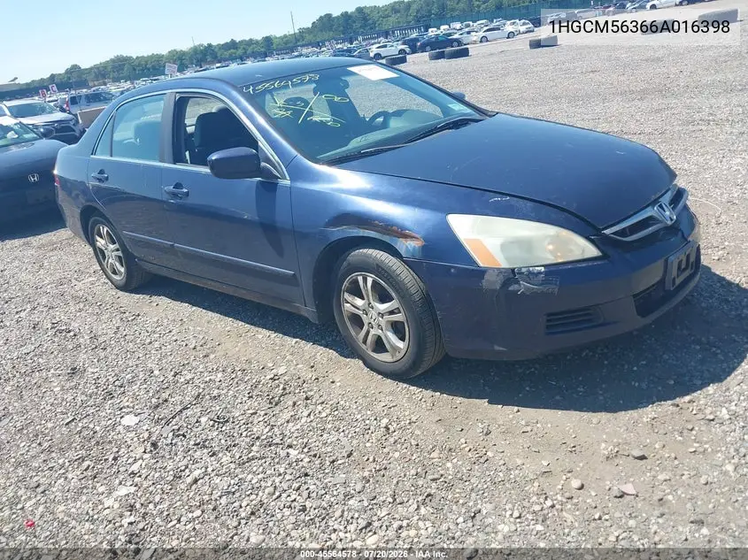 2006 Honda Accord 2.4 Se VIN: 1HGCM56366A016398 Lot: 45564578