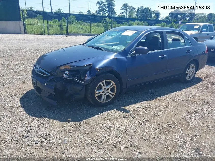 2006 Honda Accord 2.4 Se VIN: 1HGCM56366A016398 Lot: 45564578